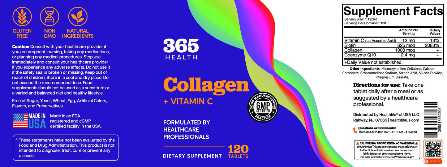 365 Health Collagen + Vitamin C — 120 Tablets — full label