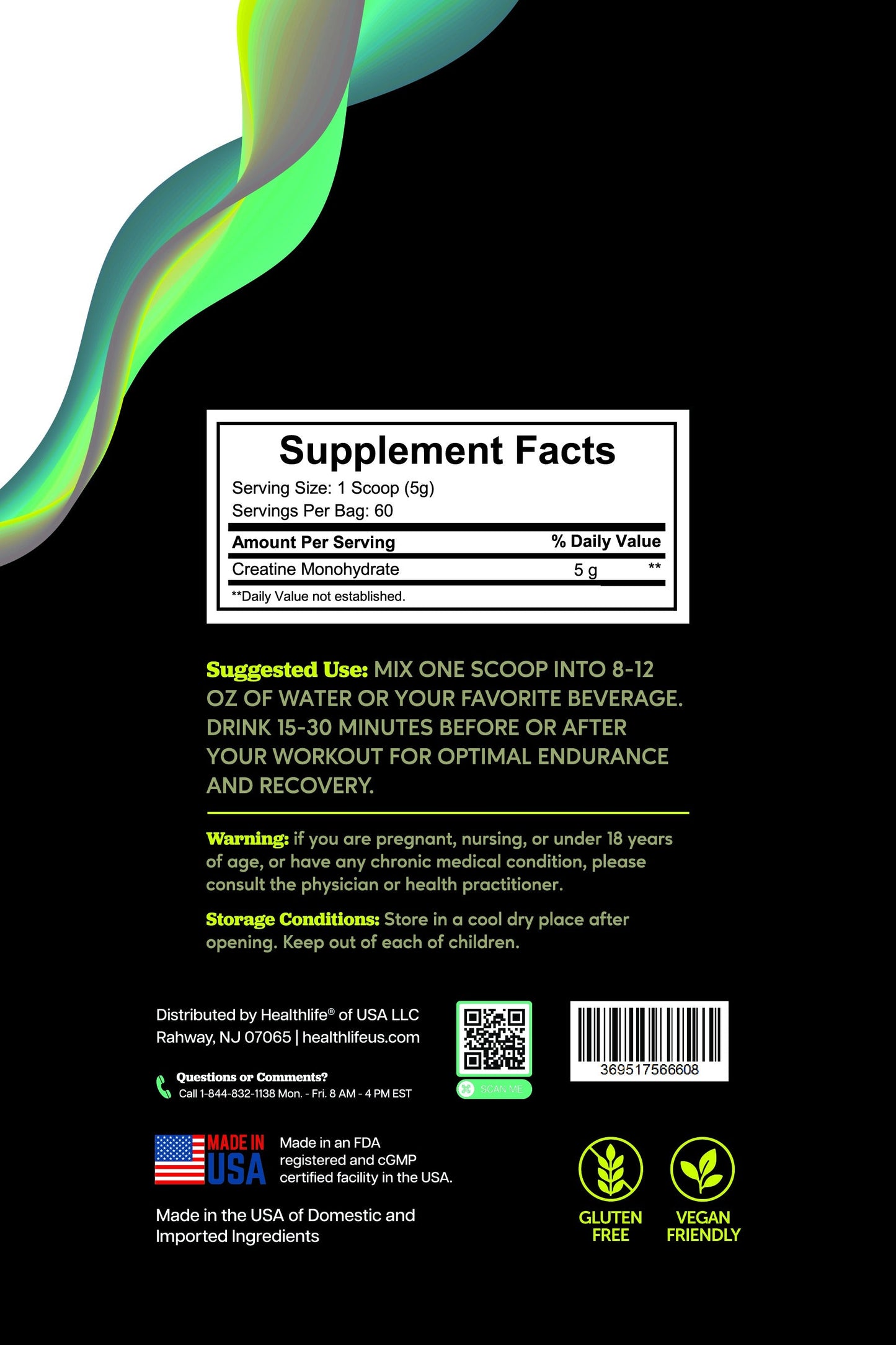 365 Health Micronized Creatine Powder 300 g — 60 Servings — label back panel