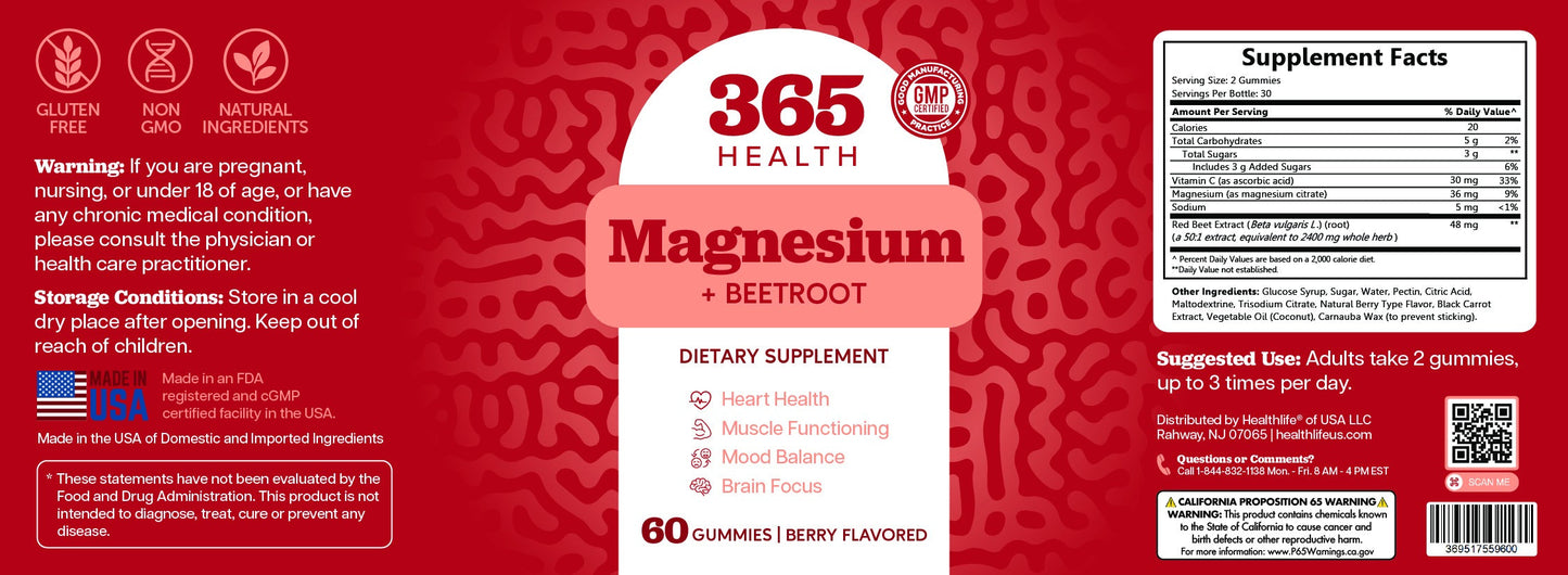 365 Health Magnesium + Beetroot Gummies — 60 Count — full label