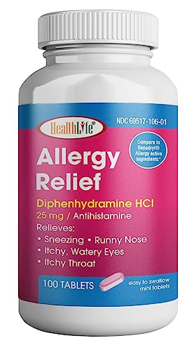 HealthLife® Allergy Relief, Medicine Diphenhydramine HCl Caplets, 25 mg (Pink) | (100 Count) | Children and Adults | Relieves Sneezing, Runny Nose, Hay Fever Symptoms, Itchy Eyes and Throat… B0C8JYWD7T