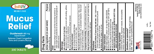 HealthLife® Mucus Relief Guaifenesin Caplets, 400 mg (200 Count) Fast Acting Expectorant, Thins and Loosens Mucus, Relieves Chest Congestion, Cough, Cold and Flu.