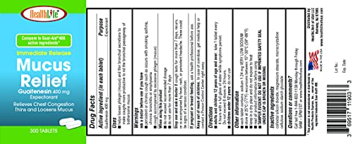 HealthLife® Mucus Relief Guaifenesin Caplets, 400 mg (300 Count) Fast Acting Expectorant, Thin s and Loosens Mucus, Relieves Chest Congestion, Cough, Could and Flu.