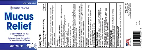 Health Pharma Mucus Relief Guaifenesin Caplets, 400 mg (200 Count) Fast Acting Expectorant, Thins and Loosens Mucus, Relieves Chest Congestion, Cough, Cold and Flu.