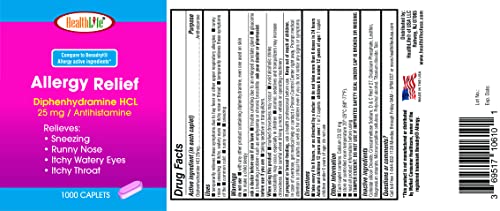 HealthLife® Allergy Relief, Medicine Diphenhydramine HCl Caplets, 25 mg (Pink) | (1000 Count) | Children and Adults | Relieves Sneezing, Runny Nose, Hay Fever Symptoms, Itchy Eyes and Throat