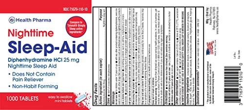 HealthPharma Nighttime Sleep-Aid, Diphenhydramine HCL Caplets, 25 mg (Blue), 1000 Count