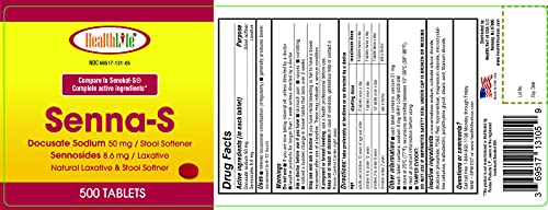HealthLife® Senna-S Tablets, Senna Plus (Laxative/Stool Softener) 500 Count.