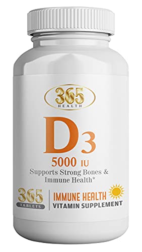 Vitamin D3, (365 Count), Vitamin D 5000 IU Helps Support Immune Health, Strong Bones and Teeth, & Muscle Function, 125% of The Daily Value for Vitamin D in One Daily Tablets 365 Health