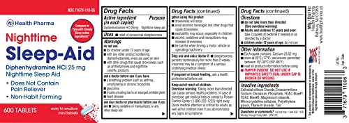 HealthPharma Nighttime Sleep-Aid, Diphenhydramine HCL Caplets, 25 mg (Blue), 600 Count