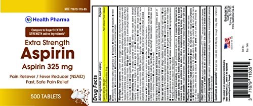 Health Pharma Aspirin Pain Reliever and Fever Reducer , 325 mg Coated Tablets, White, 500 Count
