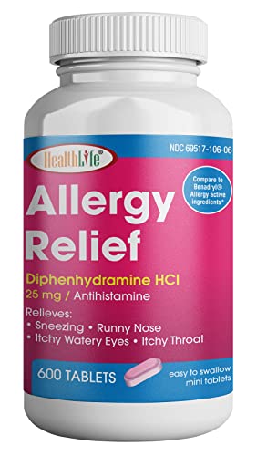 HealthLife® Allergy Relief, Medicine Diphenhydramine HCl Caplets, 25 mg (Pink) | (600 Count) | Children and Adults | Relieves Sneezing, Runny Nose, Hay Fever Symptoms, Itchy Eyes and Throat