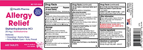 Health Pharma Allergy Relief Medicine | Antihistamine Diphenhydramine HCl 25 mg (600 Tablets) | Children and Adults | Relieves Sneezing, Runny Nose, Hay Fever Symptoms, Itchy Eyes and Throat