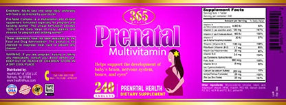 365 Health Prenatal Multivitamin with Folic Acid, Dietary Supplement for Daily Nutritional Support, 240 Tablets, 240 Day Supply