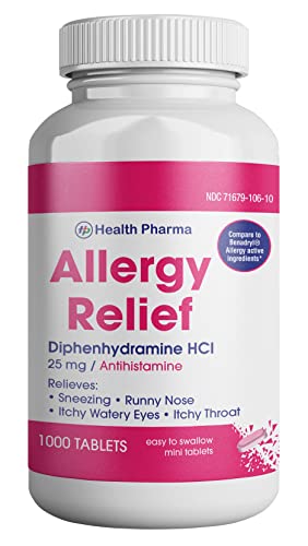 Health Pharma Allergy Relief Medicine | Antihistamine Diphenhydramine HCl 25 mg (1000 Tablets) | Children and Adults | Relieves Sneezing, Runny Nose, Hay Fever Symptoms, Itchy Eyes and Throat