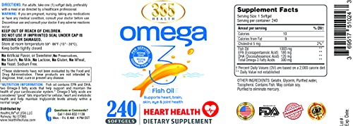 Omega 3 Fish Oil 1000 mg, 240 Softgels Value Size, Fish Oil Omega 3 Supplement for Heart Health 365 Health