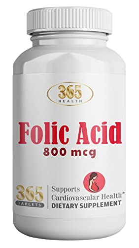 365 Health Folic Acid Supplement, Supports Cardiovascular Health, 800mcg, 365 Tablets