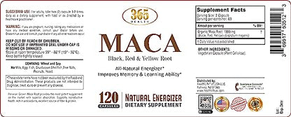 365 Health Organic Maca Root Powder Capsules 1900 mg with Black + Red + Yellow Peruvian Maca Root Extract Supplement for Men and Women - Vegan Capsules