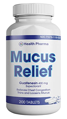 Health Pharma Mucus Relief Guaifenesin Caplets, 400 mg (200 Count) Fast Acting Expectorant, Thins and Loosens Mucus, Relieves Chest Congestion, Cough, Cold and Flu.