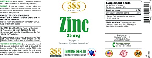 Zinc 25 mg (as Zinc Gluconate), (365 Tablets) - Supports Immune System and Enzymes Function - Promotes Healthy Muscle Function and Skin 365 Health