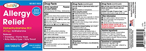 HealthLife® Allergy Relief, Medicine Diphenhydramine HCl Caplets, 25 mg (Pink) | (600 Count) | Children and Adults | Relieves Sneezing, Runny Nose, Hay Fever Symptoms, Itchy Eyes and Throat