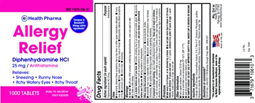 Health Pharma Allergy Relief Medicine | Antihistamine Diphenhydramine HCl 25 mg (1000 Tablets) | Children and Adults | Relieves Sneezing, Runny Nose, Hay Fever Symptoms, Itchy Eyes and Throat