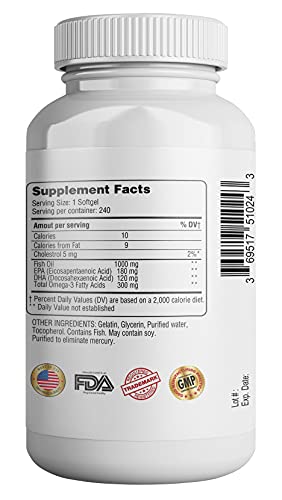 Omega 3 Fish Oil 1000 mg, 240 Softgels Value Size, Fish Oil Omega 3 Supplement for Heart Health 365 Health
