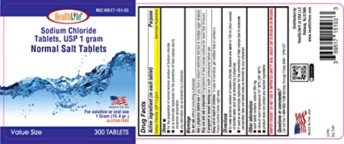 Health Life Sodium Chloride Tablets 1 gm, USP | 300 Count | Normal Salt Tablets | (15.4gr.) | Electrolytes Replenisher Hydration Drink
