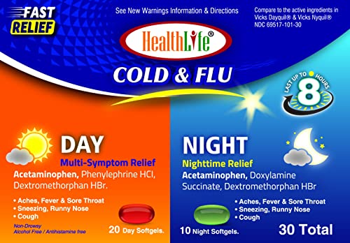 Healthlife Day Time & Night Time, Cough, Cold & Flu Relief, Sore Throat, Fever, & Congestion Relief, Day & Night Relief, 30 Softgel (20 Day Time, 10 Night Time)