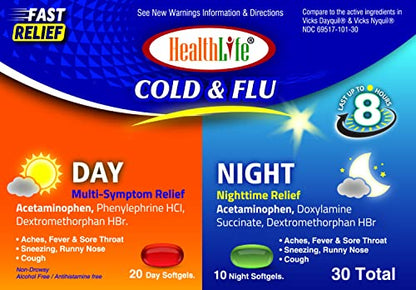 Healthlife Day Time & Night Time, Cough, Cold & Flu Relief, Sore Throat, Fever, & Congestion Relief, Day & Night Relief, 30 Softgel (20 Day Time, 10 Night Time)
