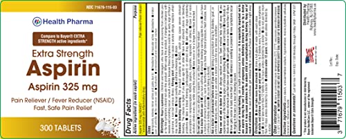 Health Pharma Aspirin Pain Reliever and Fever Reducer, 325 mg Tablets, White, 300 Count