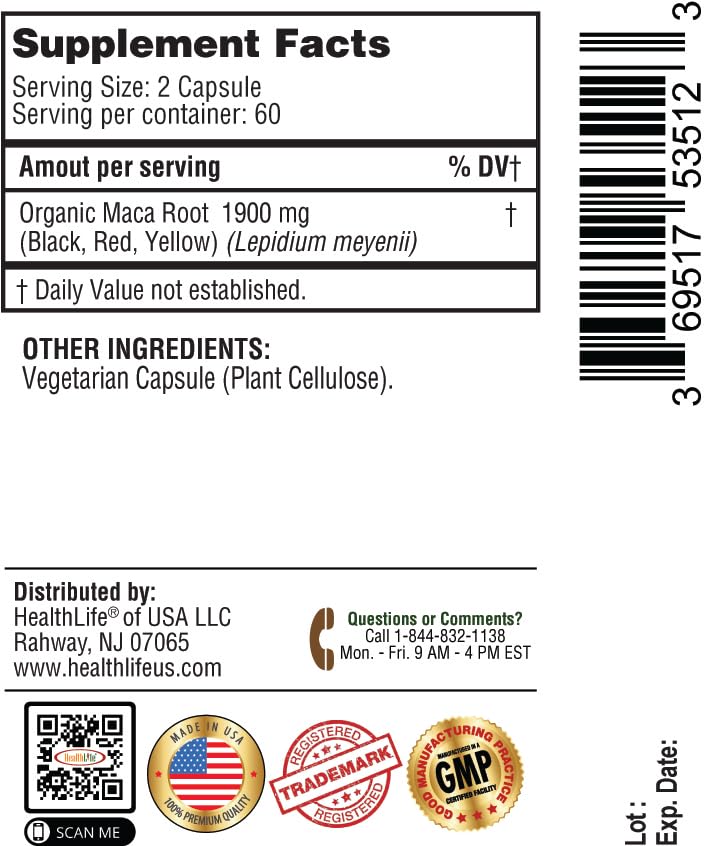 365 Health Organic Maca Root Powder Capsules 1900 mg with Black + Red + Yellow Peruvian Maca Root Extract Supplement for Men and Women - Vegan Capsules
