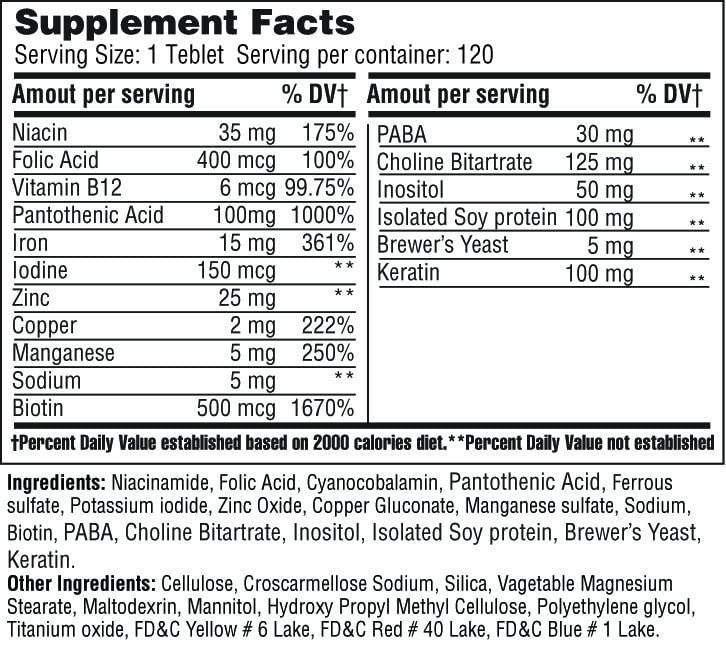 365 Health All in One Hair Growth Vitamins for Men & Women - Advanced Hair Formula Includes Biotin, Folic Acid, Pantothenic Acid - Hair Supplement - 120 Veg Tablets Non - GMO