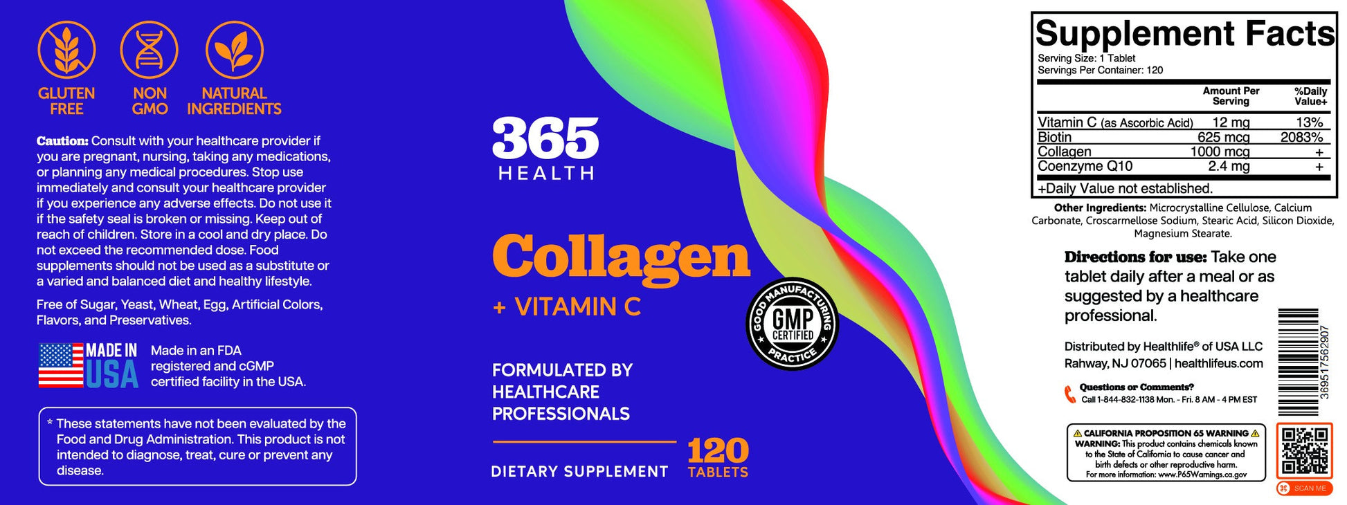 365 Health Collagen + Vitamin C — 120 Tablets — full label
