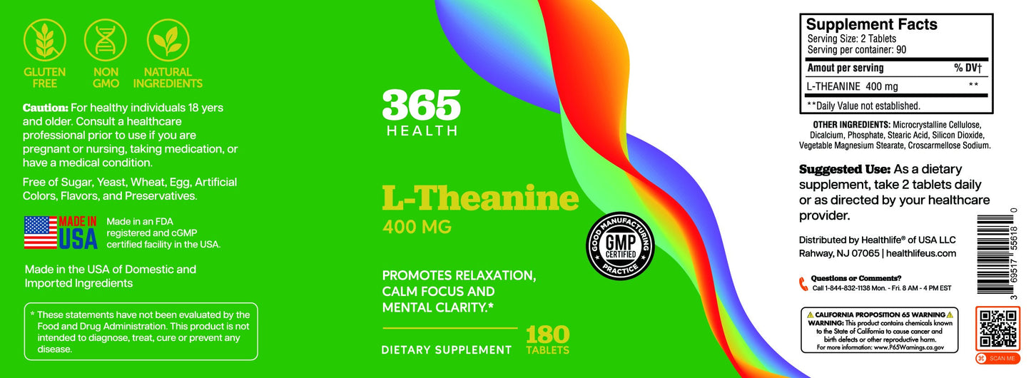 365 Health L-Theanine 400 mg — 180 Tablets — full label