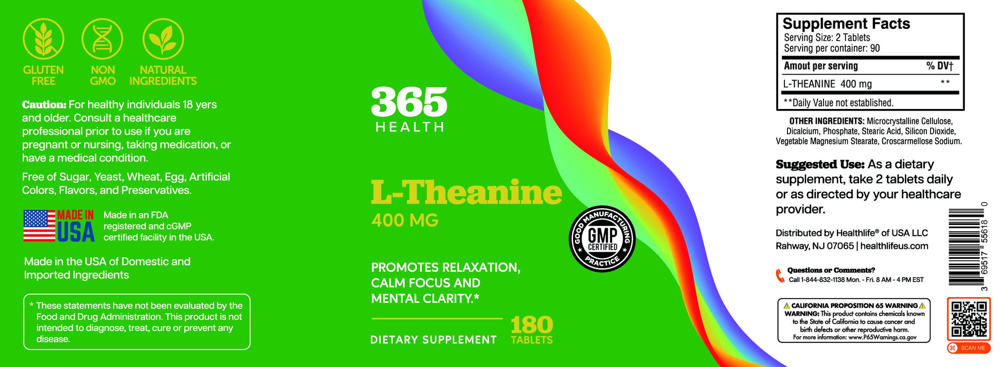 365 Health L-Theanine 400 mg — 180 Tablets — full label