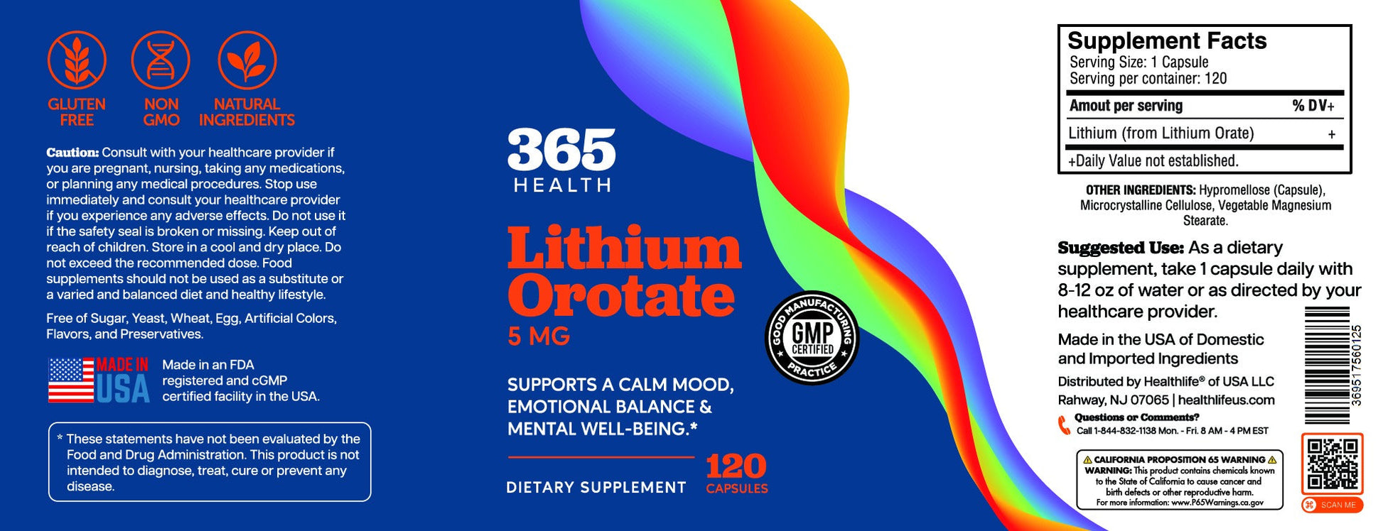 365 Health Lithium Orotate 5 mg — 120 Capsules — full label