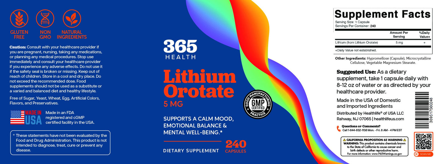 365 Health Lithium Orotate 5 mg — 240 Capsules — full label