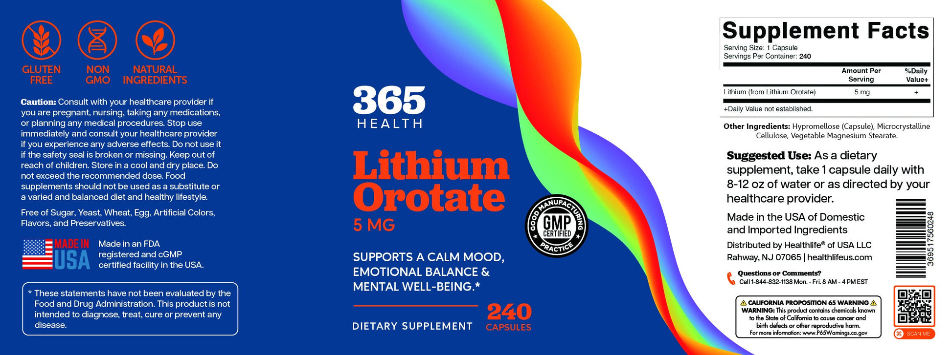 365 Health Lithium Orotate 5 mg — 240 Capsules — full label