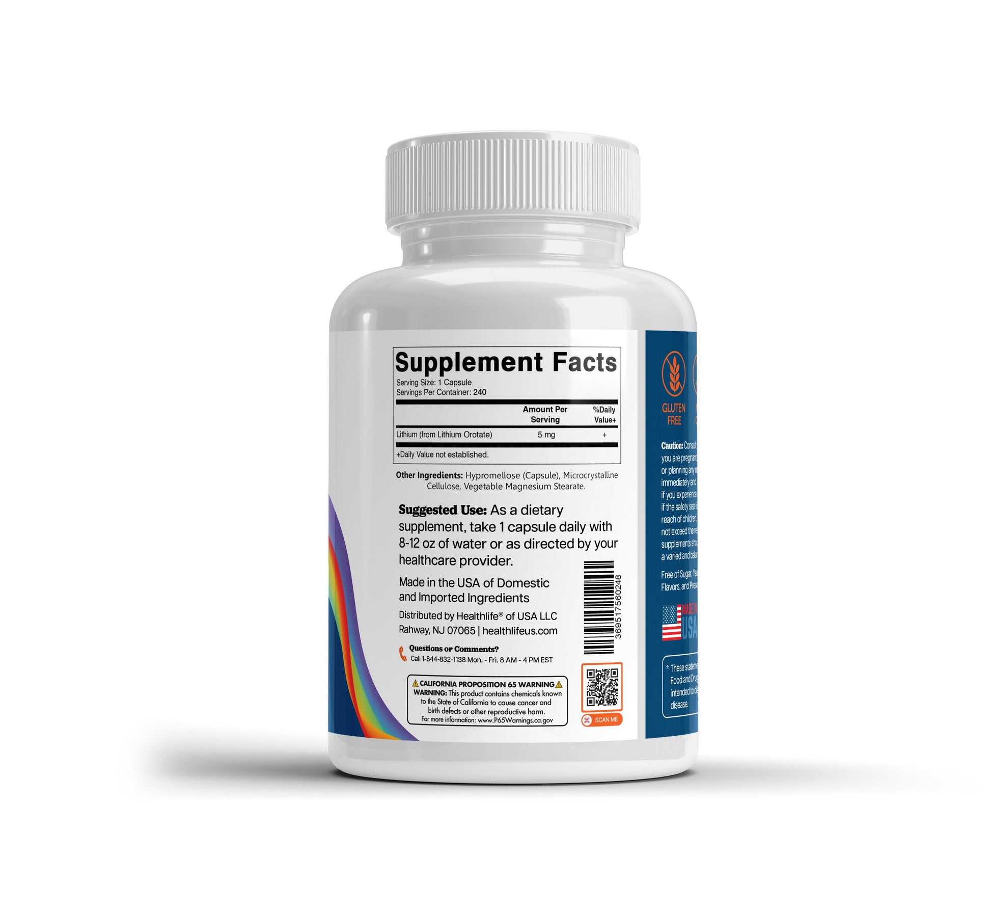 365 Health Lithium Orotate 5 mg — 240 Capsules — side panel 1