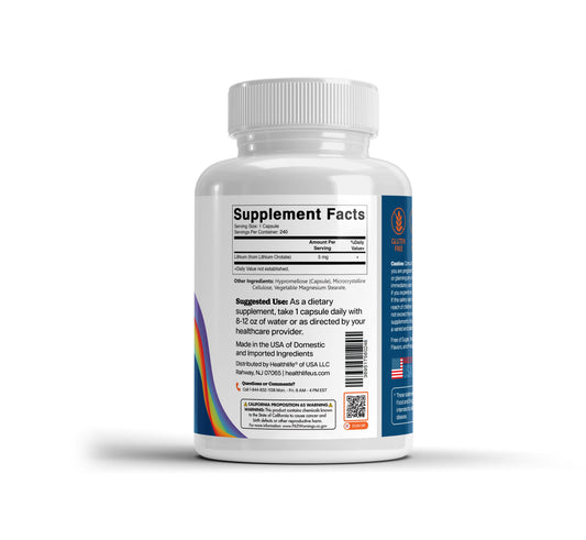 365 Health Lithium Orotate 5 mg — 240 Capsules — side panel 1