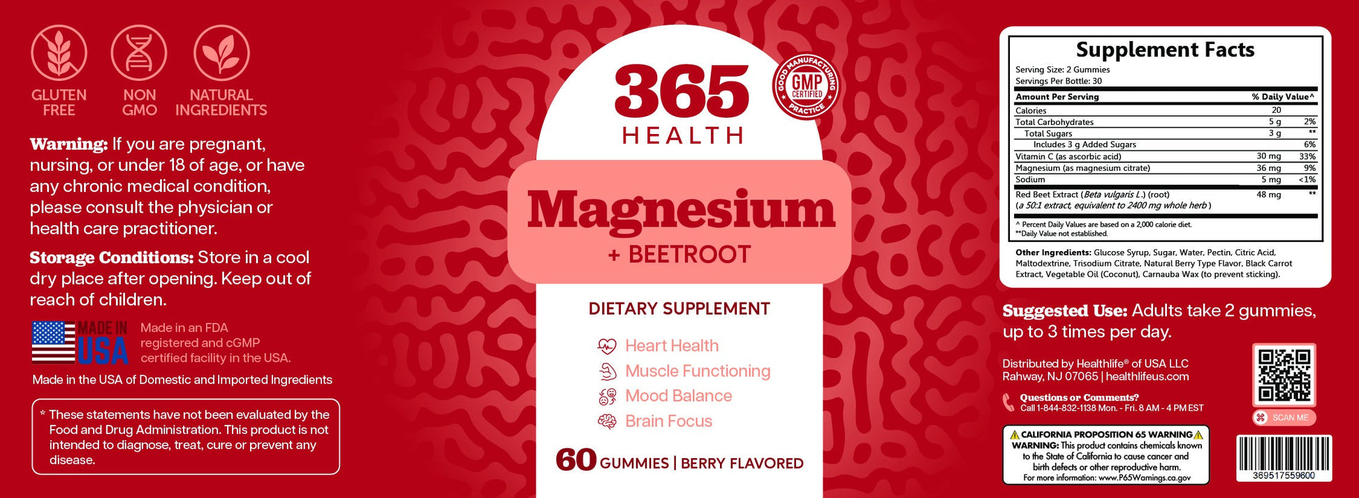 365 Health Magnesium + Beetroot Gummies — 60 Count — full label