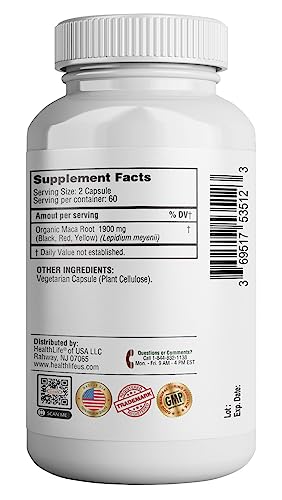 365 Health Organic Maca Root Powder Capsules 1900 mg with Black + Red + Yellow Peruvian Maca Root Extract Supplement for Men and Women - Vegan Capsules