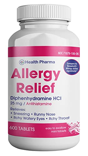Health Pharma Allergy Relief Medicine | Antihistamine Diphenhydramine HCl 25 mg (600 Tablets) | Children and Adults | Relieves Sneezing, Runny Nose, Hay Fever Symptoms, Itchy Eyes and Throat