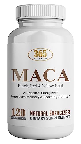 365 Health Organic Maca Root Powder Capsules 1900 mg with Black + Red + Yellow Peruvian Maca Root Extract Supplement for Men and Women - Vegan Capsules