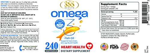 Omega 3 Fish Oil 1000 mg 240 Softgels Value Size Fish Oil Omega 3 Supplement for Heart Health 365 Health