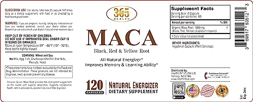 365 Health Organic Maca Root Powder Capsules 1900 mg with Black + Red + Yellow Peruvian Maca Root Extract Supplement for Men and Women - Vegan Capsules